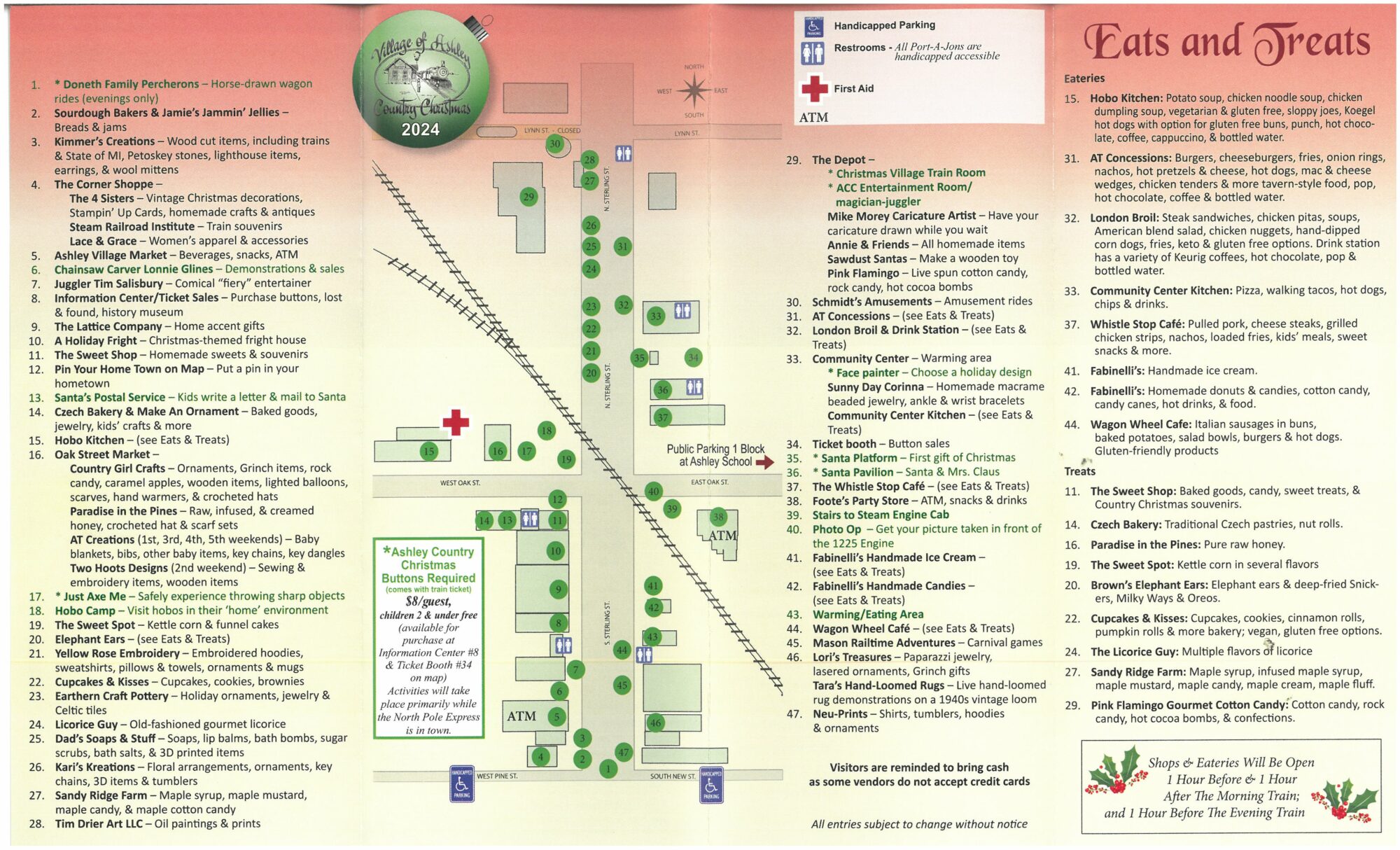 Map and guide for Ashley Country Christmas 2024 attractions.